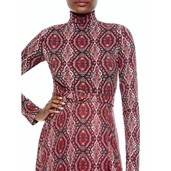Alice + Olivia Clare Turtleneck Long Sleeve Midi Boho Burgundy Red Dress - Picture 15 of 16